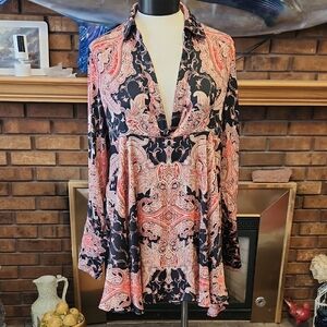 Free People Paisley Boho Tunic Blouse Hi Lo Size Medium Pink Black